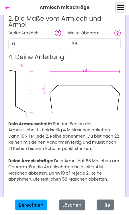 Maschen berechnen mit JustKnit Armloch mit passendem Ärmel mit Schräge berechnen mit JustKnit