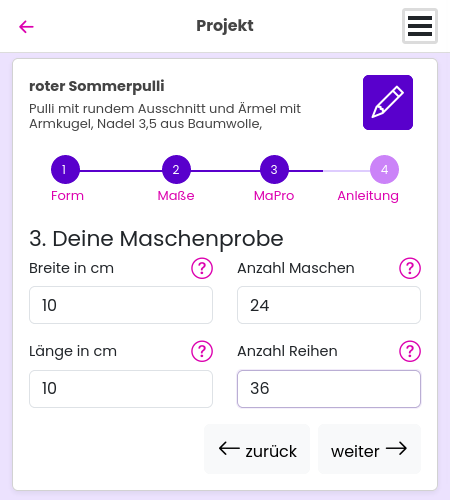 Maschenprobe eingeben Maschenprobe eingeben