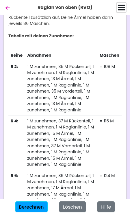 Tabelle für die Ab-/Zunahmen für die Raglanpasse von JustKnit Tabelle für die Ab-/Zunahmen für die Raglanpasse von JustKnit